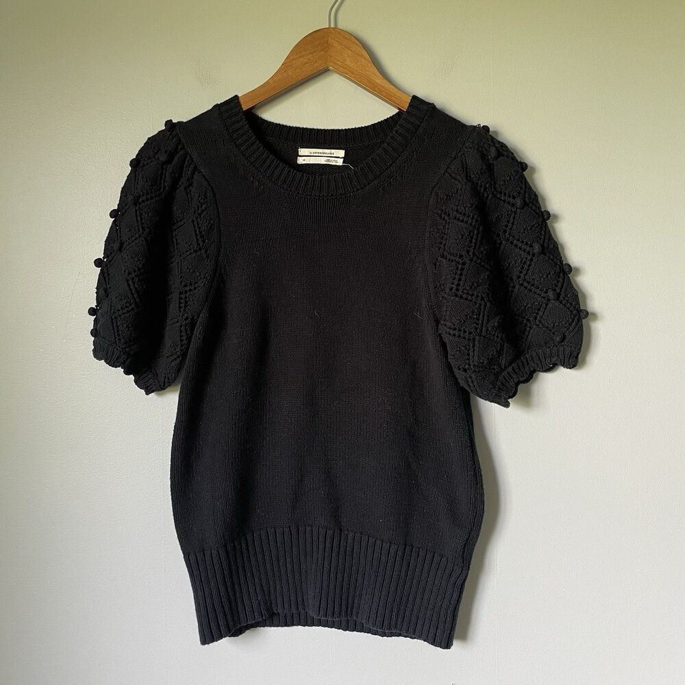 Anthropologie Knit Sweater Top Short Puff Sleeves Black Cotton Blend Women's XS